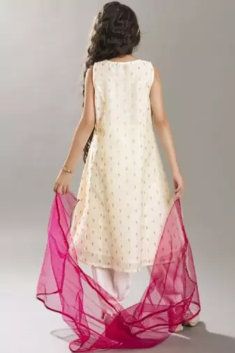 Girls ethnic motifs woven design sequinned kurta with salwar & dupatta