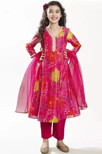 Girls floral printed anarkali kurta with trousers & dupatta
