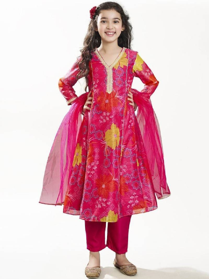Girls floral printed anarkali kurta with trousers & dupatta