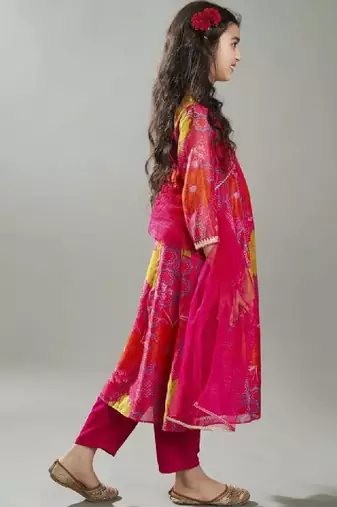 Girls floral printed anarkali kurta with trousers & dupatta