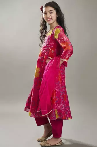 Girls floral printed anarkali kurta with trousers & dupatta