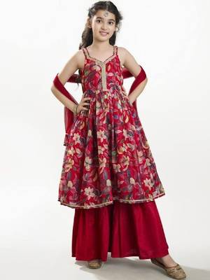 Girls floral printed anarkali kurta with sharara & dupatta 1