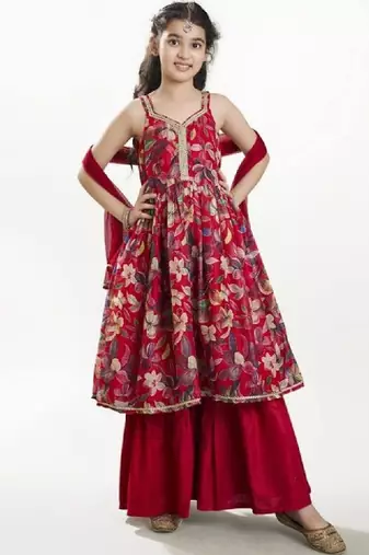 Girls floral printed anarkali kurta with sharara & dupatta