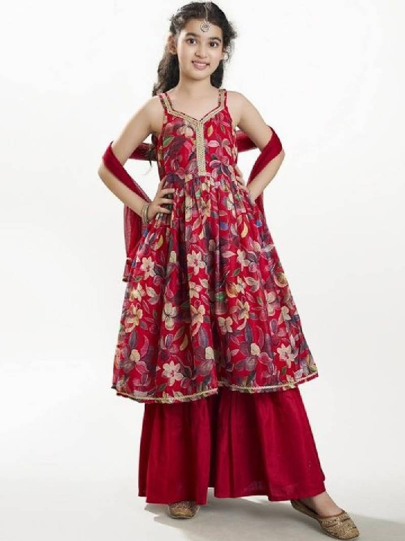Girls floral printed anarkali kurta with sharara & dupatta