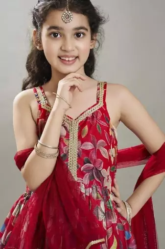 Girls floral printed anarkali kurta with sharara & dupatta
