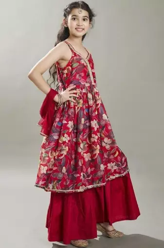 Girls floral printed anarkali kurta with sharara & dupatta