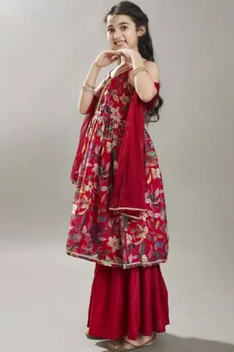 Girls floral printed anarkali kurta with sharara & dupatta