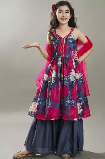 Girls floral printed anarkali kurta with sharara & dupatta