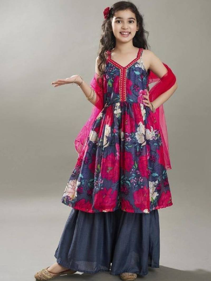 Girls floral printed anarkali kurta with sharara & dupatta