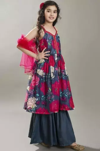 Girls floral printed anarkali kurta with sharara & dupatta