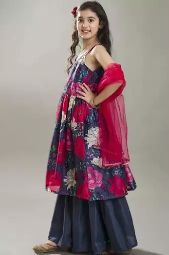 Girls floral printed anarkali kurta with sharara & dupatta