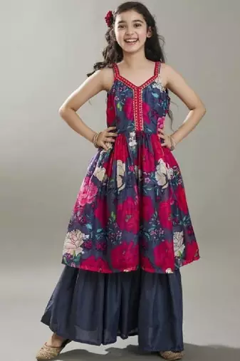 Girls floral printed anarkali kurta with sharara & dupatta