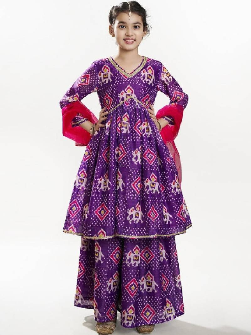 Girls floral printed anarkali kurta with palazzo & dupatta