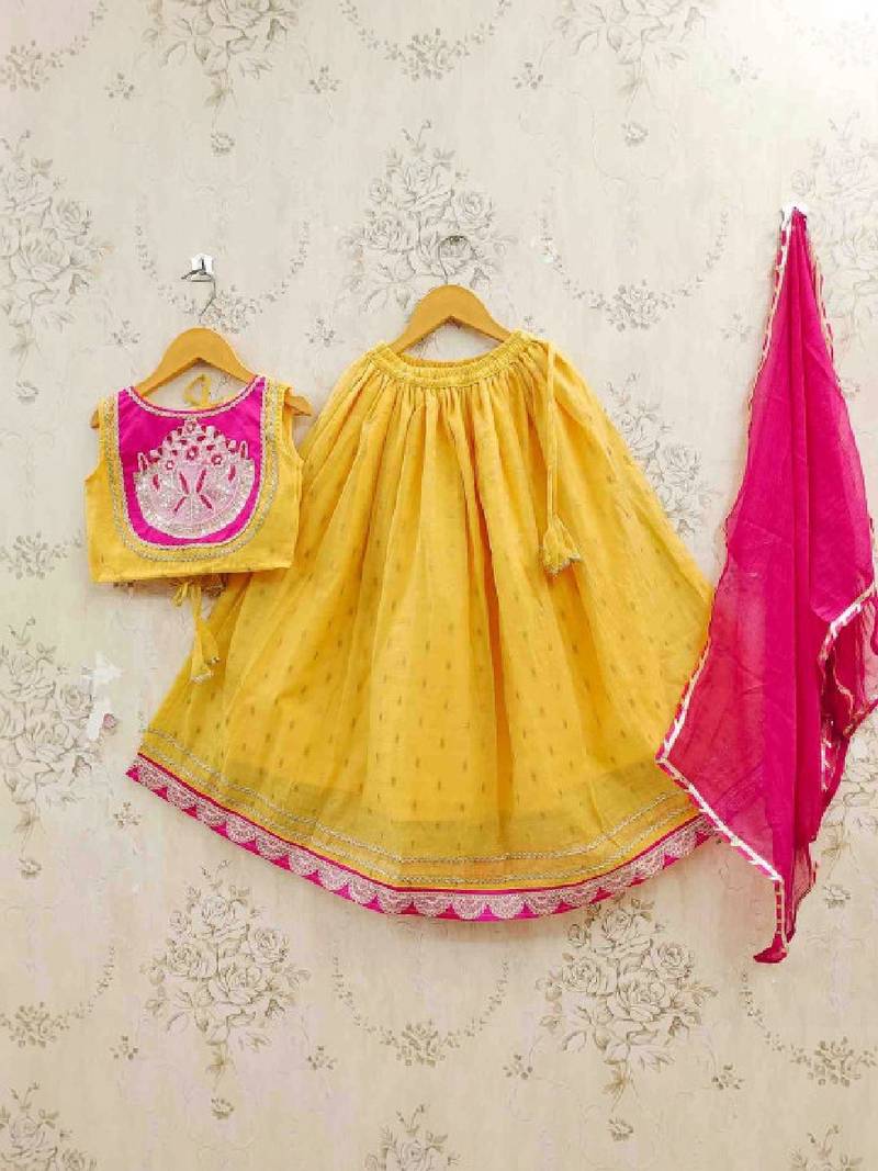 Girls embroidered tie and dye semi-stitched lehenga & blouse with dupatta
