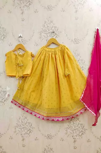 Girls embroidered tie and dye semi-stitched lehenga & blouse with dupatta