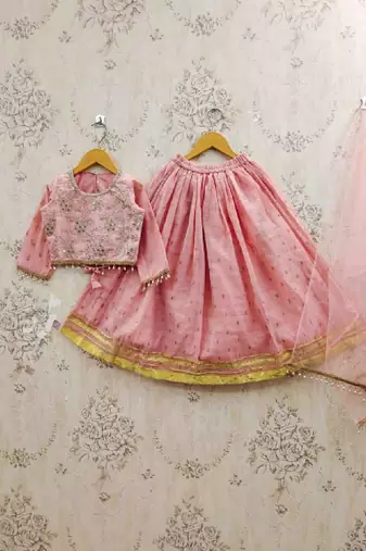 Girls peach sequinned tie and dye ready to wear lehenga & blouse with dupatta