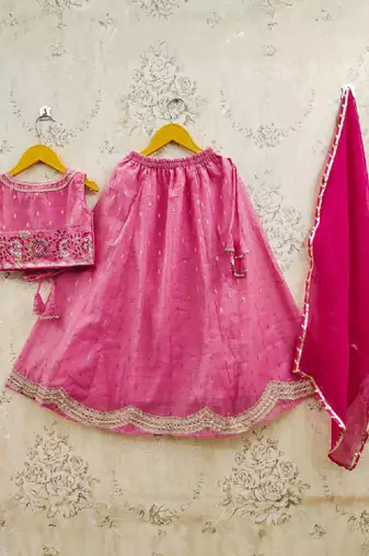 Girls embroidered tie and dye semi-stitched lehenga & blouse with dupatta