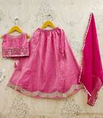 Girls embroidered tie and dye semi-stitched lehenga & blouse with dupatta