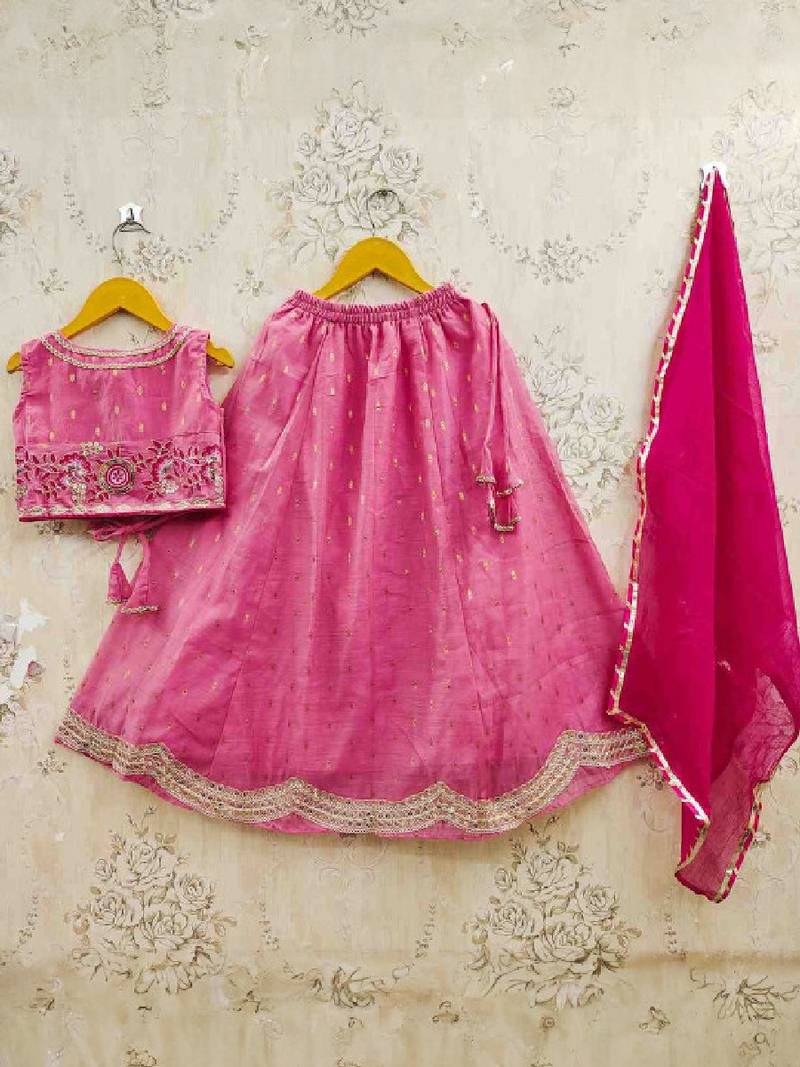 Girls embroidered tie and dye semi-stitched lehenga & blouse with dupatta