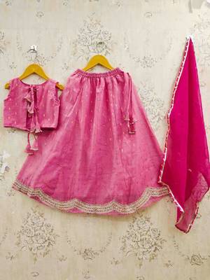 Girls embroidered tie and dye semi-stitched lehenga & blouse with dupatta 2