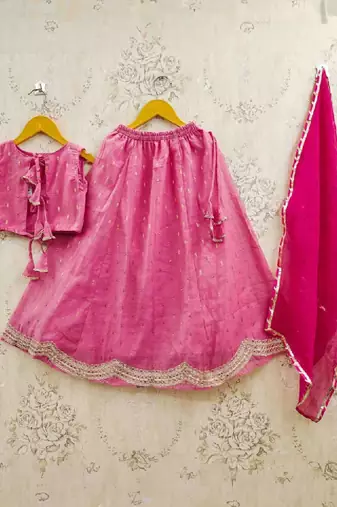 Girls embroidered tie and dye semi-stitched lehenga & blouse with dupatta