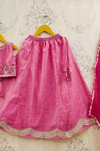 Girls embroidered tie and dye semi-stitched lehenga & blouse with dupatta