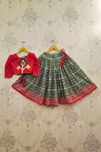 Girls embroidered thread work ikat ready to wear lehenga &