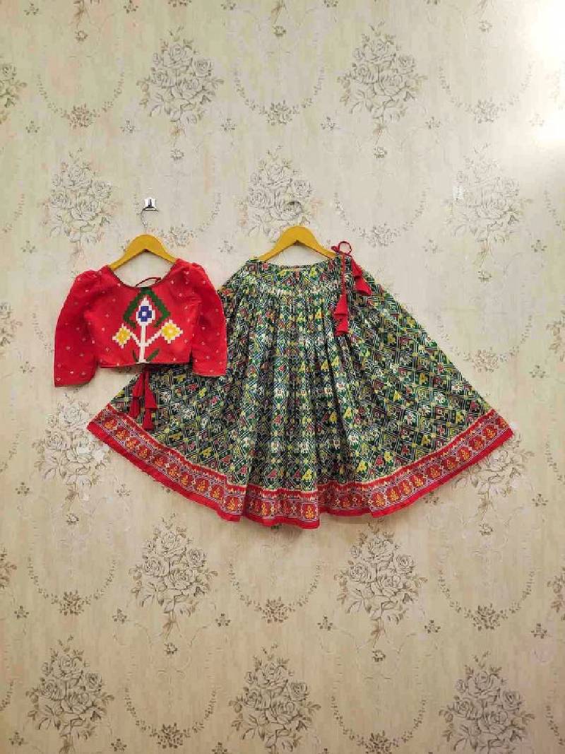 Girls embroidered thread work ikat ready to wear lehenga &