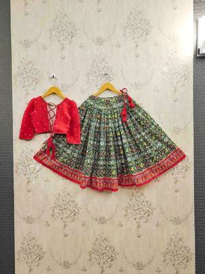 Girls embroidered thread work ikat ready to wear lehenga & 3
