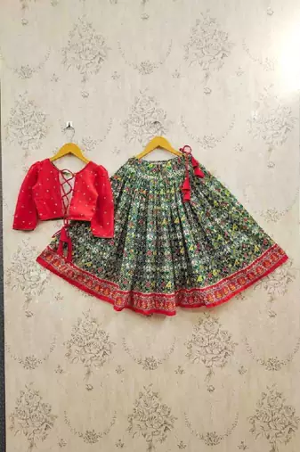 Girls embroidered thread work ikat ready to wear lehenga &