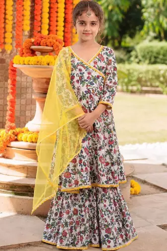 Girls floral printed angrakha pure cotton kurta with sharara & with dupatta