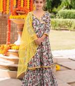 Girls floral printed angrakha pure cotton kurta with sharara & with dupatta