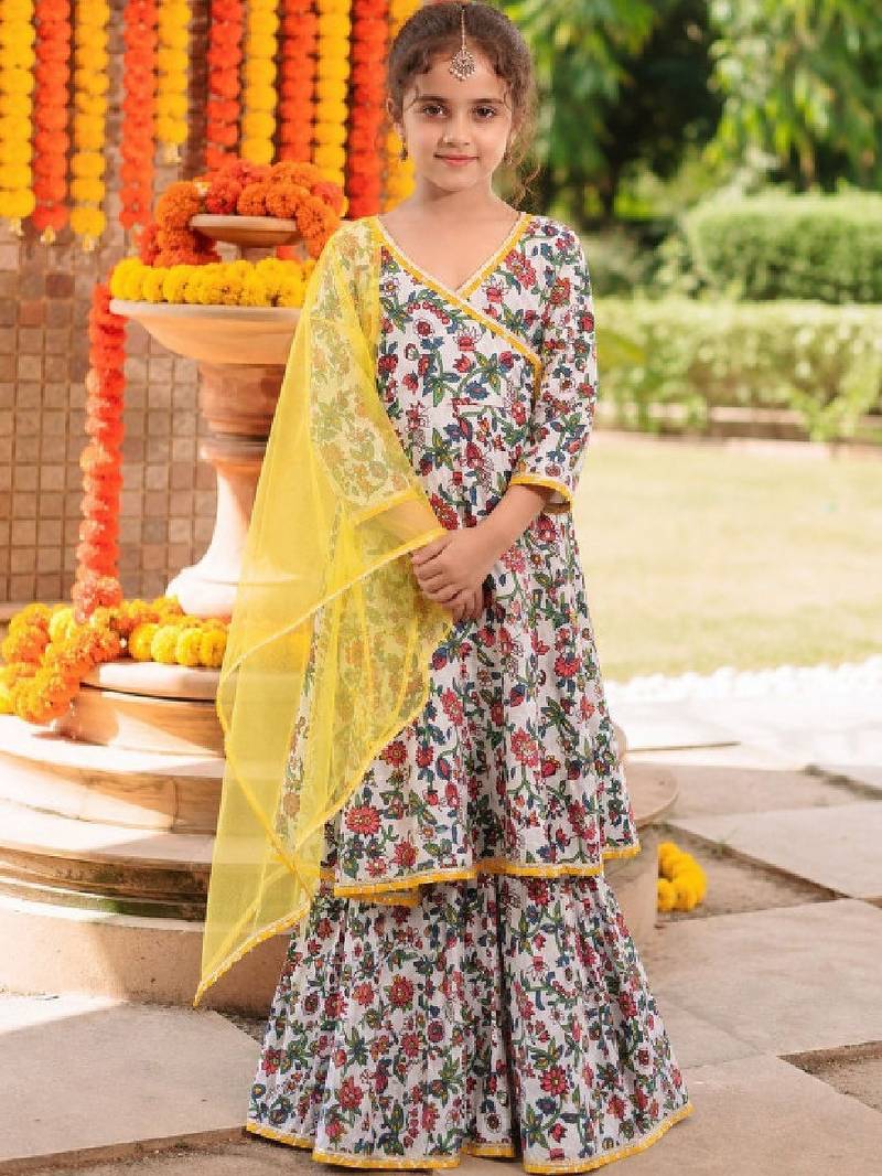 Girls floral printed angrakha pure cotton kurta with sharara & with dupatta
