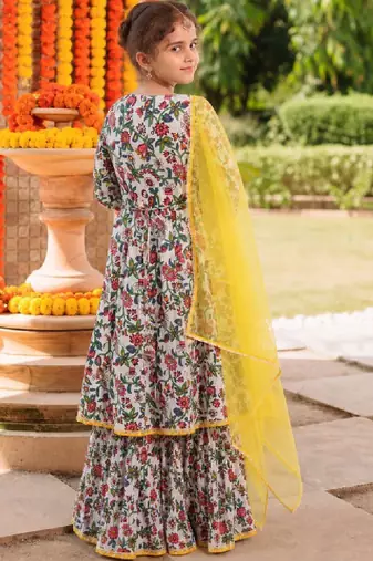 Girls floral printed angrakha pure cotton kurta with sharara & with dupatta