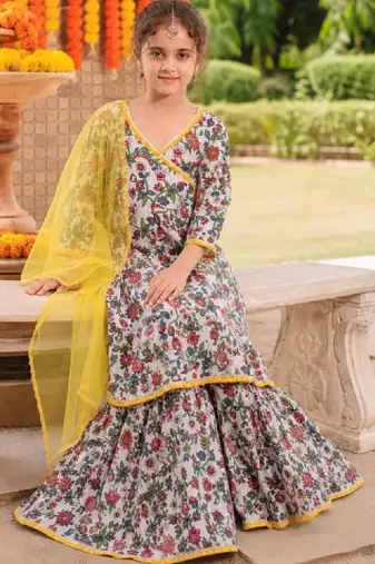 Girls floral printed angrakha pure cotton kurta with sharara & with dupatta