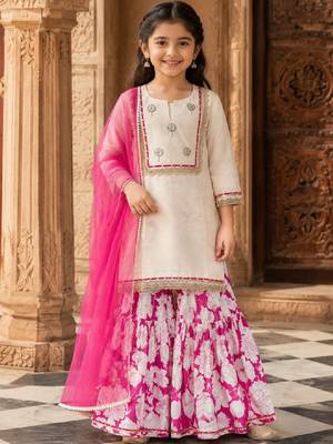 Girls floral regular chanderi cotton kurta with sharara & with dupatta 1