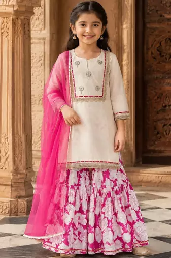 Girls floral regular chanderi cotton kurta with sharara & with dupatta