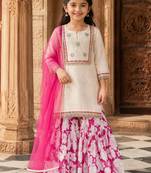 Girls floral regular chanderi cotton kurta with sharara & with dupatta