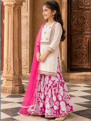 Girls floral regular chanderi cotton kurta with sharara & with dupatta 2