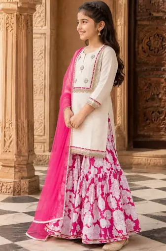 Girls floral regular chanderi cotton kurta with sharara & with dupatta