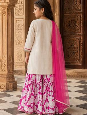 Girls floral regular chanderi cotton kurta with sharara & with dupatta 3