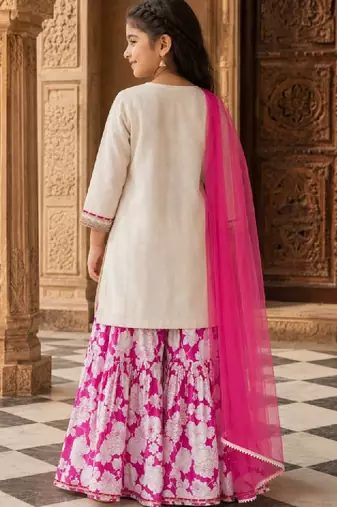 Girls floral regular chanderi cotton kurta with sharara & with dupatta