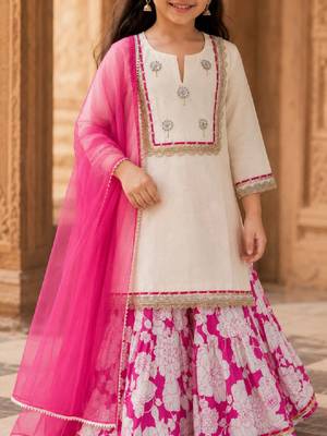 Girls floral regular chanderi cotton kurta with sharara & with dupatta 4