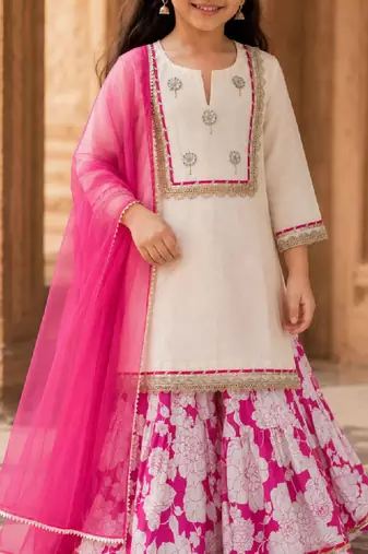 Girls floral regular chanderi cotton kurta with sharara & with dupatta