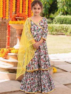 Girls floral printed angrakha pure cotton kurta with sharara & with dupatta 1