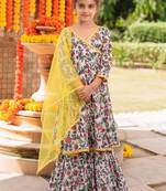 Girls floral printed angrakha pure cotton kurta with sharara & with dupatta
