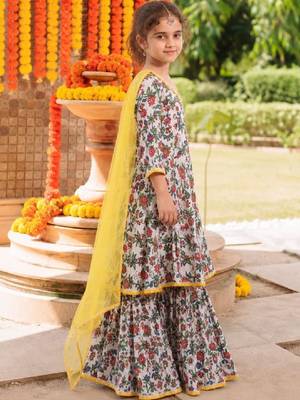 Girls floral printed angrakha pure cotton kurta with sharara & with dupatta 2