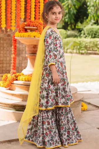 Girls floral printed angrakha pure cotton kurta with sharara & with dupatta