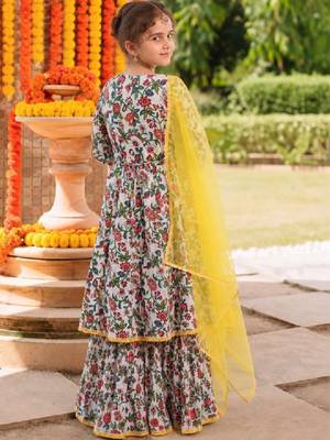 Girls floral printed angrakha pure cotton kurta with sharara & with dupatta 3