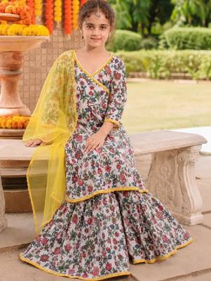 Girls floral printed angrakha pure cotton kurta with sharara & with dupatta 4